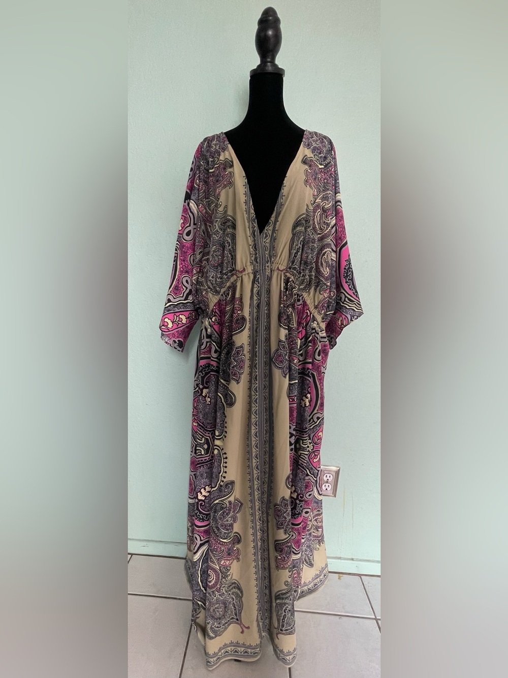 eshakti Beige Maxi Dress with Pink and Purple Paisley Print